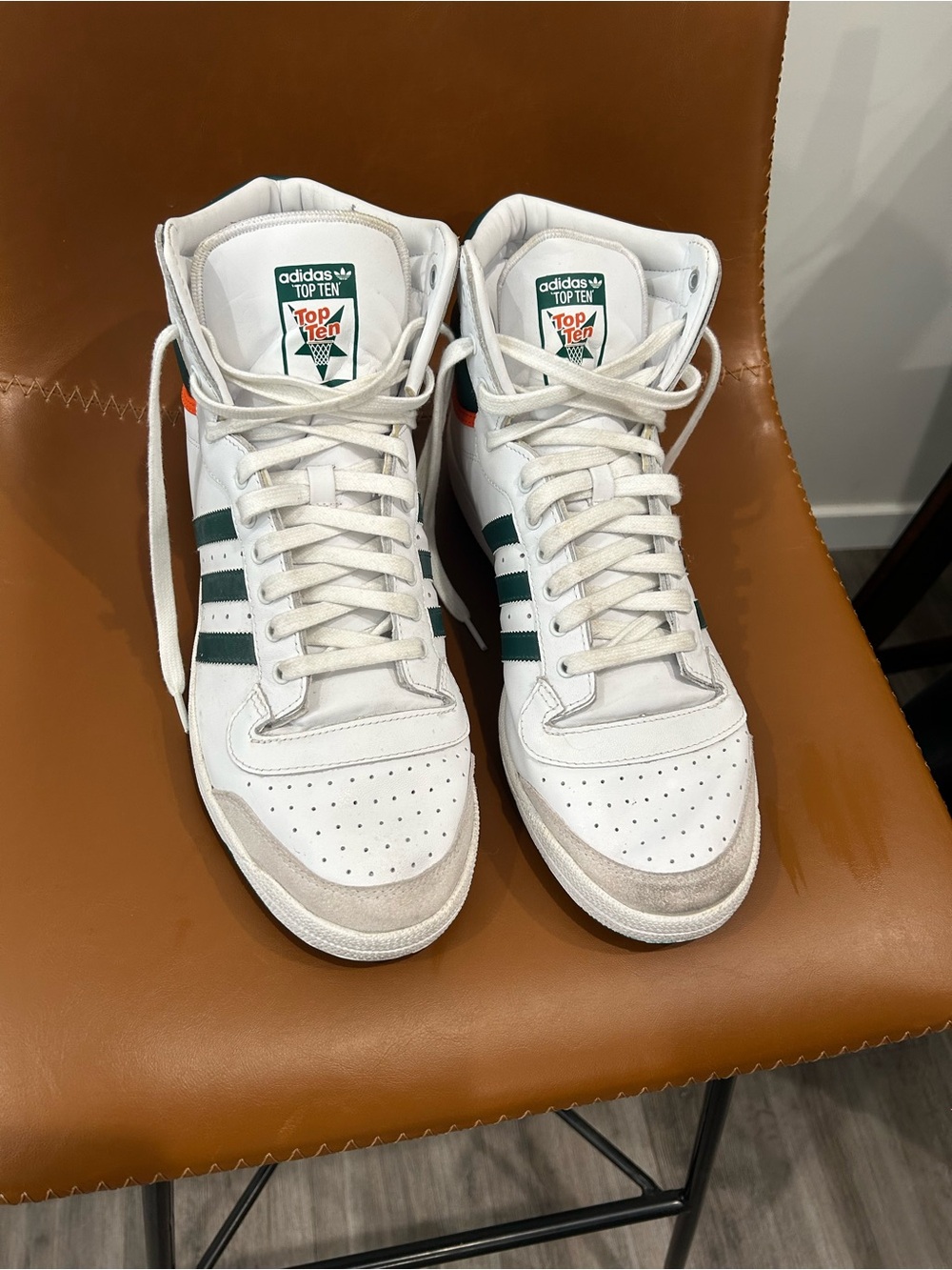 adidas Top Ten Hi White with Green and Orange Accents